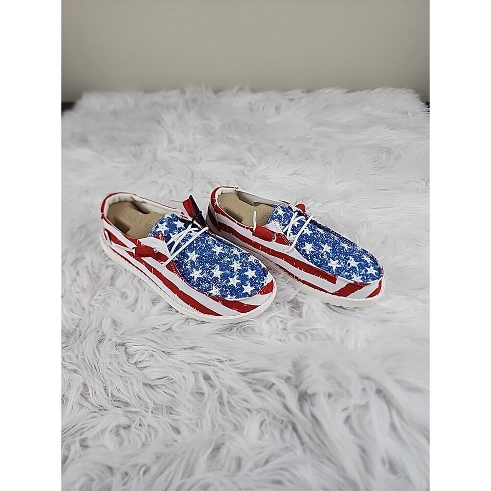 Hey Dude Wendy Patriotic Star Spangled Women's Size 7 Shoes Slip on Loafers